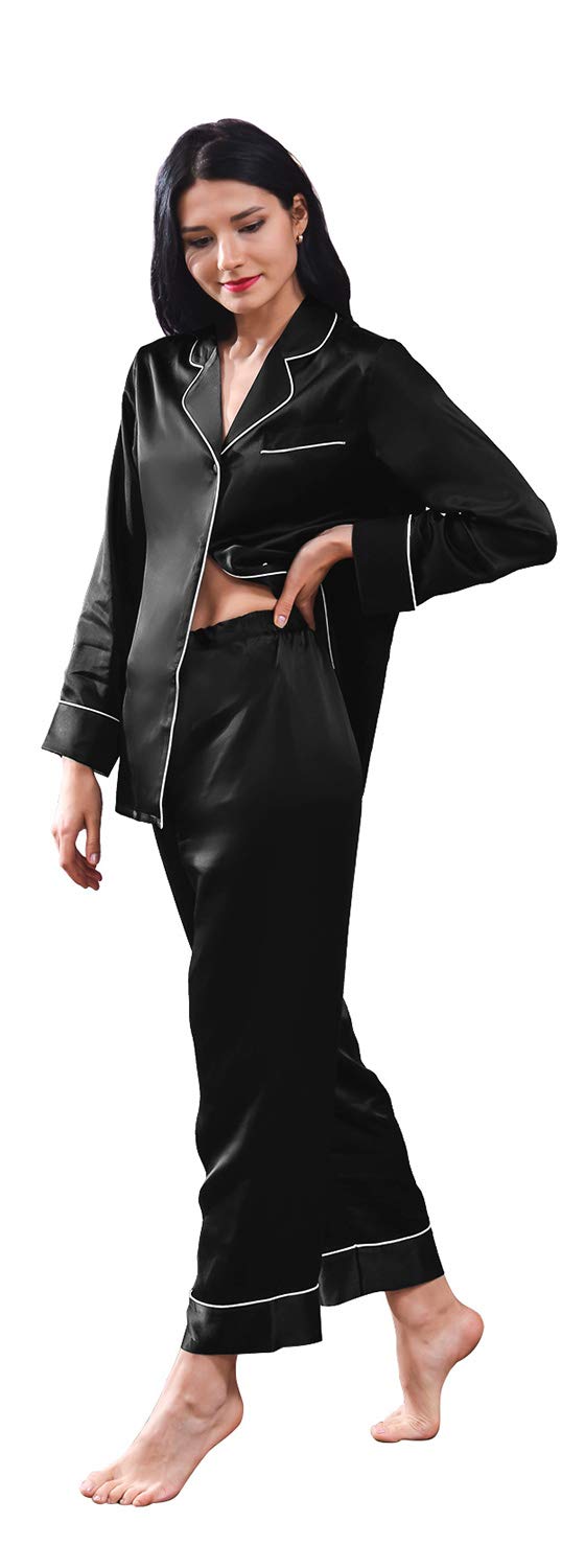 THXSILK Seide Pyjama Set Damen Schlafanzug Lang aus 100% Seide 19 Momme V-Ausschnitt Zweiteiliges Nachtwäsche Langarm