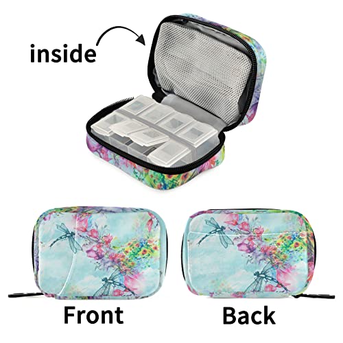 Image of Pill Case 7 Day Pill Organizer Watercolor Dragonfly Travel Pill Case Portable Weekly Pill Box Bag Container Vitamin Supplement Holder with Zipper for Family Business