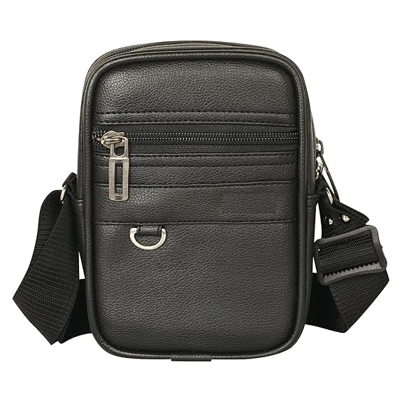 treggo Black Leather Sling Bag, Crossbody Shoulder Bag with Adjustable Strap, Rectangle Shape, Water Resistant, 2 Zipper Compartments-picture-57