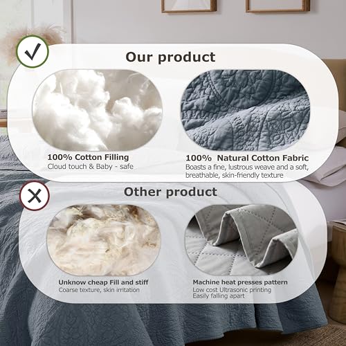Image of PALASSIO Dusty Blue Paisley 100% Cotton Quilt King Size Bedding Sets with 2 Pillow Shams, Boho Floral Lightweight Farmhouse Country Vintage Soft Bedspread Shabby Chic Coverlet for All Season, 3 Pieces