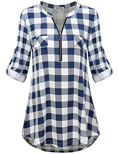 Long Tops for Women to Wear with Leggings, Juniors Fashion Clothing Cute V Neck Rolled Up Tab Sleeve Shirttail Classy Tunic Blouse Shirt with Fake Pocket Blue White Plaid L