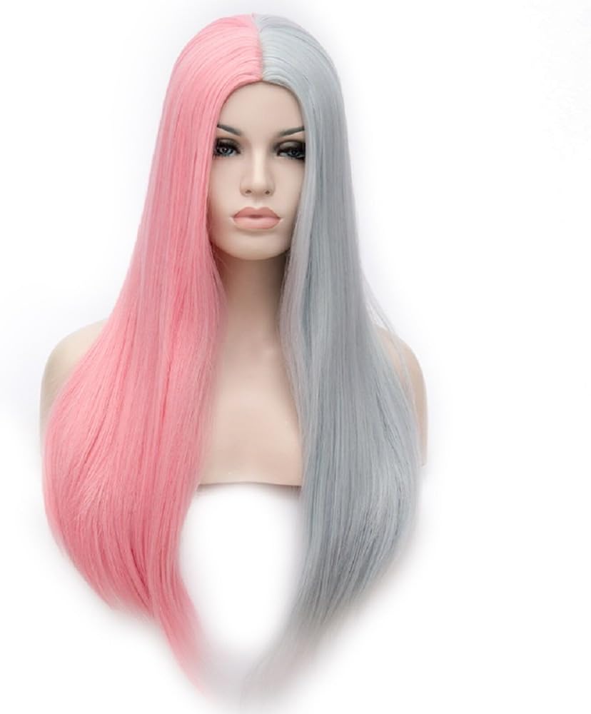Women's Cosplay Long Straight Wig Synthetic Ombre Two Tone Heat Resistant Cosplay Costume Wig Half Pink Half Grey 28"