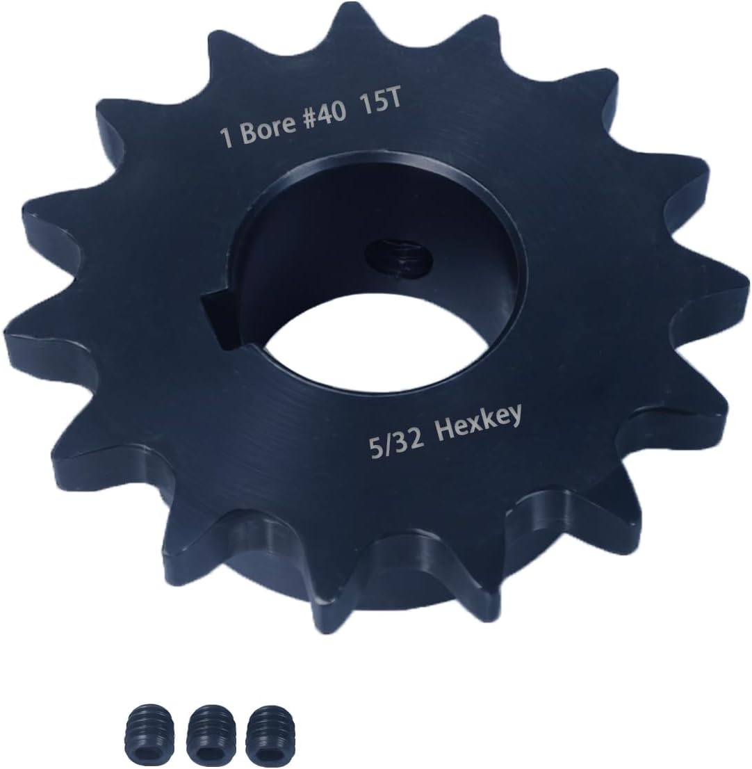#40 Roller Chain Sprocket 15 Tooth 1" Bore (1/4" Keyway) Black Oxide Rust-Proof with 3 Set Screws & Keyway for Mini Bike Go-Kart High Speed Racing Performance, Hardened 1045 Steel 40BS15-1