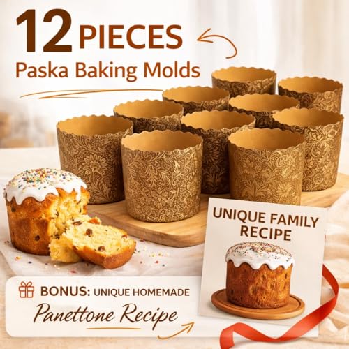 Image of 12 oz Kulich & Panettone Baking Molds - 12 Pack | Non-Stick Easter Bread Paper Forms | W 4.3 inch x H 3.4 inch | Oven & Microwave Safe | Brown Elegant Design + Bonus Family Recipe