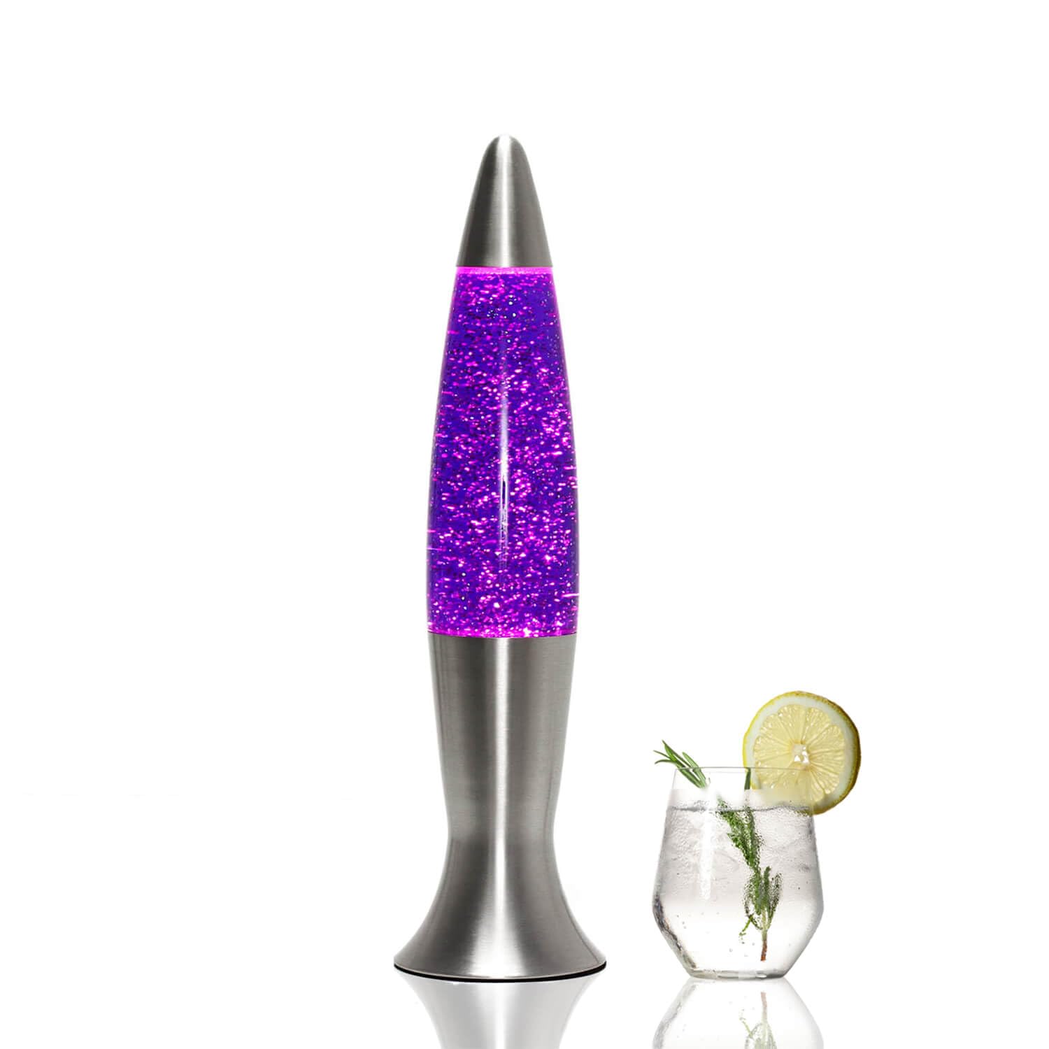Easylight Lavalampe Aluminium Glas in Silber Lila Wohnzimmer Jugendzimmer H:40 G9 inklusive Leuchtmittel Glitter Glitzer Tischleuchte ANGELINA