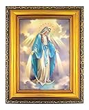 Italian Lithograph Our Lady of Grace Print in Antique Gold Tone Frame with Glass, 6 1/2 Inch