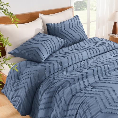 Image of Litanika Boho Queen Comforter Set, 3 Pcs Ocean Blue Lightweight Bedding Set