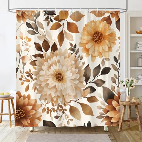 Dazzlewall Duschvorhang Herbst Blumen 180x180cm, Vintage Braun Beige Pflanze Blumen Botanik Duschvorhänge, Wasserdicht Anti-Schimmel Bad Vorhäng für Badzimmer mit 12 Haken
