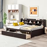 DaiNNCN Full Size Daybed with Storage Bookcases Headboard,Captains Corner L-Shaped Bed with 2 Drawers,No Box Spring Needed for Kids Boys Girls,Espresso