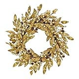HGTV Home Collection Unlit Artificial Christmas Wreath, Metallic Gold Laurel Leaves, Woven Branch Ring Base, Unlit, 24 Inches