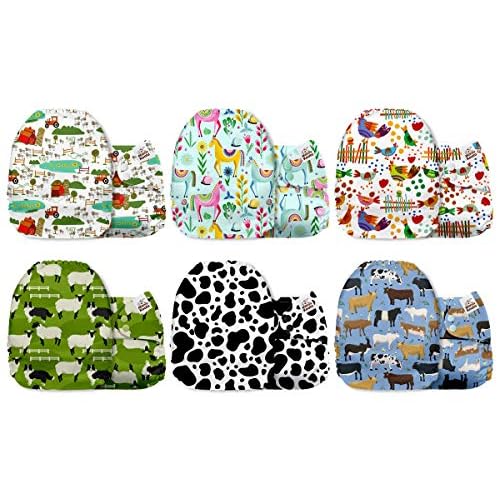 Mama Koala 3.0 Cloth Diapers for Babies with AWJ Lining, 6 Pack with 12 5-Layer Bboo(No Microfiber) Cloth Diaper Inserts - Reusable and Washable Pocket Diapers(12-My Warm Heart)