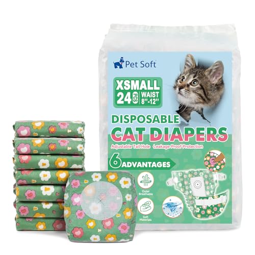 Image of Pet Soft Disposable Cat Diapers - Diaper for Female & Male Cats, Puppy Doggie Diapers for Female Dogs with Adjustable Foam Tail Hole, X-Small (24Pcs, GN Flowers)