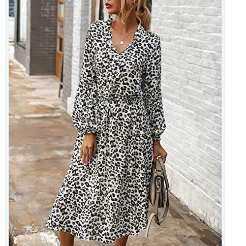 Vestido feminino de manga comprida, gola alta, manga lanterna, comprimento médio, estampa de leopard