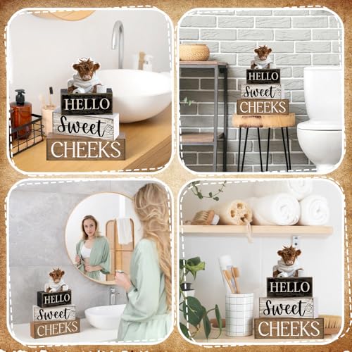 Image of Moucuny 4 Pcs Bathroom Shelf Decor Highland Cow Farmhouse Bathroom Decor and Accessories Rustic Eucalyptus Leaves Hello Sweet Cheeks Highland Cow Sign Western Table Centerpiece for Home Office Toilet