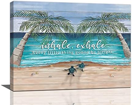 Beach Wall Art Motivational Sea Turtles Wall Decor Inspirational Inhale Exhale Quotes Canvas Prints Blue Sea Palm Trees Pictures Modern Home Framed Artwork for Living Room Bedroom Bathroom 16"x12"