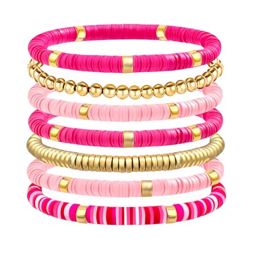 Surfer Heishi Clay Bead Bracelets for Women Pink Bohemian Stackable Stretch Beaded Bracelets Set Polymer Clay Bracelets Friendship Bracelets Preppy Bracelets Boho Summer Beach Jewelry for Women