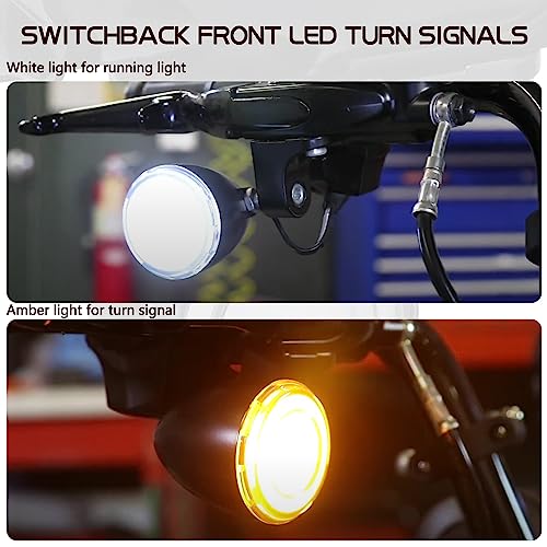 MotoParAcc Switchback Front Bullet LED Turn Signals with Relocation Kit, Motorcycle Running Lights Compatible with Harley Sportster 883 1200 Dyna Touring Road King FLHR Road Glide Softail 1986-2023