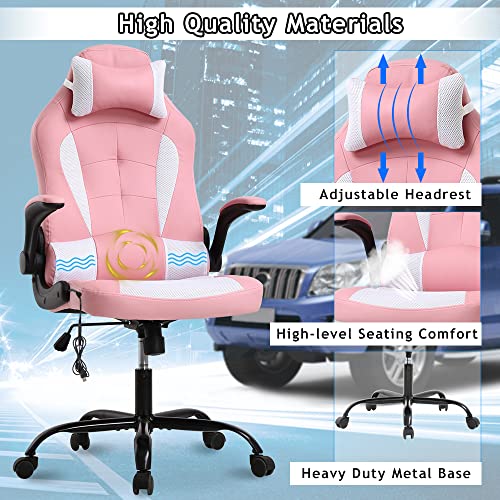 Ergonomic Gaming Office Chair - High Back Executive Computer Chair with Lumbar Support & Flip-Up Arms, PU Leather Adjustable Swivel Chair for Women/Men, Height Adjustable Massage Desk Chair (Pink) - Thumbnail 4