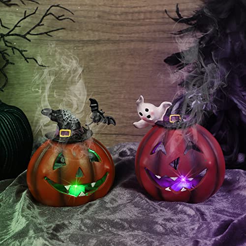 Adroiteet 2 Stück Halloween-Tischdekorationen aus Kunstharz mit bunten LED-Lichtern, Halloween-Jack-O-Laterne, Tischdekoration für Zuhause, Küche, Büro Cover