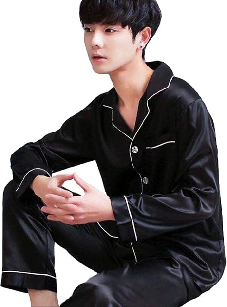 Amazon Co Jp メンズ長袖スリープウェアセット メンズステインシルクパジャマセットメンズシルクスリープウェアメンズ セクシーモダンスタイルソフトコージーサテンナイトガウンメンズセット ネイビー L 服 ファッション小物