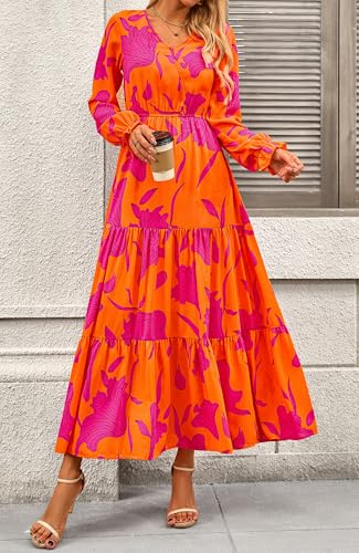 BTFBM Women Fall Dresses 2025 Casual Long Sleeve V Neck Maxi Dresses Floral Boho Long Dress Wedding Guest Dress