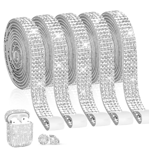 ZEFAN Lot de 5 rouleaux de ruban strass autocollant de 1 mètre de ruban strass à coudre Strass argentés autocollants Convient pour le bricolage, la...
