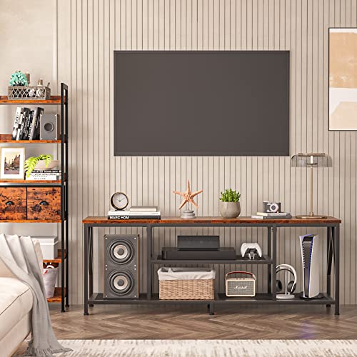 Furologee Tv Stand For 65 70 Inch Tv, Industrial Entertainment Center, Long 63'' Tv Console Table With Open Storage Shelves For Living Room, Bedroom, Wood & Metal Media Stand, Rustic Brown #TOP4
