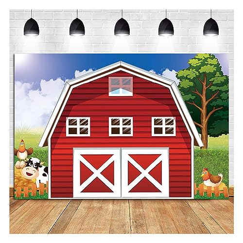 Cartoon Farm Photography Backdrop 7x5ft Animals Rustic Farmhouse Red Barn Photo Background for Kids Birthday Party Decoration Barnyard Baby Shower Newborn Photobooth Banner