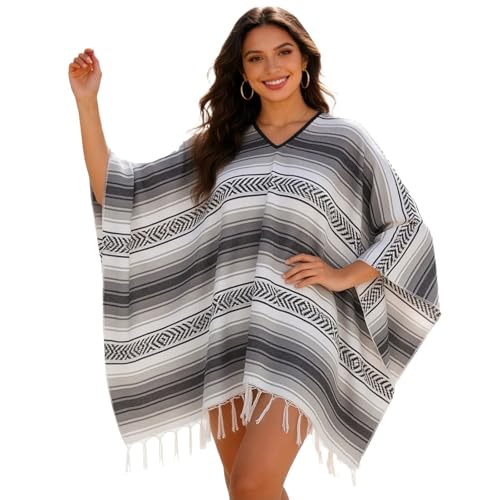 Poncho mexicano para mujer con flecos y capa vaquera tradicional a rayas