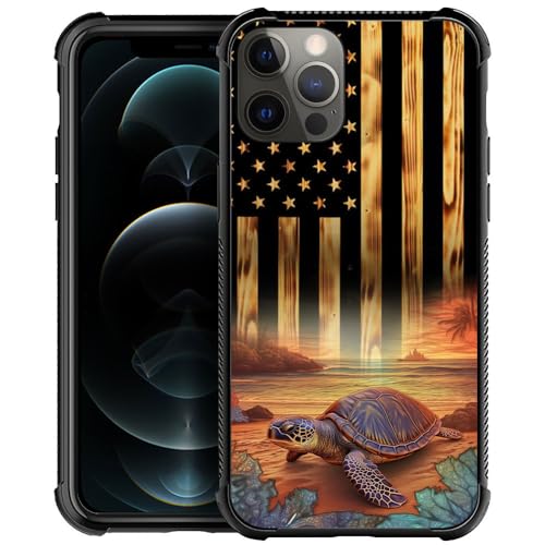 DAIZAG Compatible with iPhone 12 Mini Case,All-Round Protection Shockproof Anti-Scratches TPU Cover,Cases for Man Woman-American Wood Grain Sea Turtle Flag