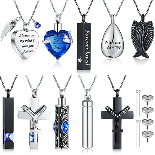 Jexine 10 Pcs Urn Necklace For Ashes Cremation Jewelry Wings Tear Drop Cross Crystal Ashes Necklace Stainless Steel Zircon Memorial Locket Vertical Bar Heart Waterproof Keepsake For Men