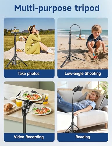 Image of Phone Tripod Stand, 85 inch Tall Cellphone Tripod for iPhone with Gooseneck Remote, Flexible Portable Phone Stand for Recording, Compatible with iPhone 14 13 12 Pro Android Camera