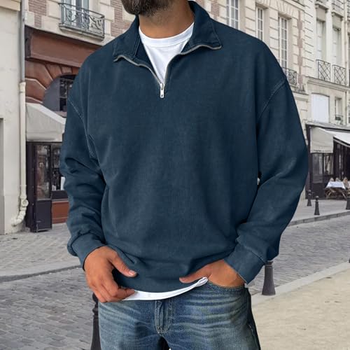 Men's Quarter Zip Polo Pullover Lightweight Long Sleeve Distressed Sweatshirt Vintage Comfort Fit Fall Winter Tops2