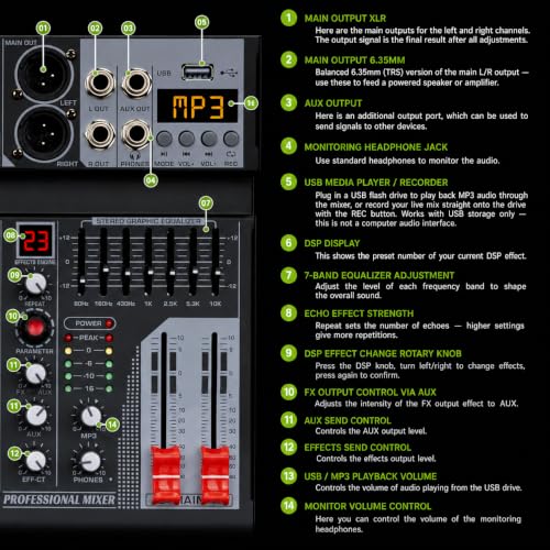 Image of Dabeatz MX06 6 Channel Audio Mixer with 6xXLR /6.35mm Inputs, Bluetooth, USB /PC /MP3 Playback, 99 DSP Effects, 7-Band EQ, Mute, Recording, +48V Phantom Power - DJ, Karaoke, Studio & Live Sound