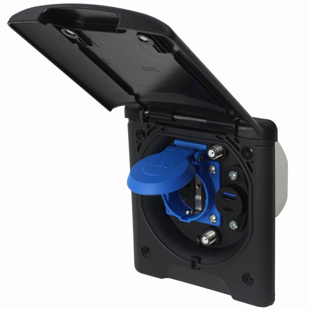 ABL Außensteckdose Wohnmobil/Boot: USB-A/C, Antenne, Schuko - 130x145mm, Schwarz, IP54, Made in Germany. Für Van & Wohnwagen