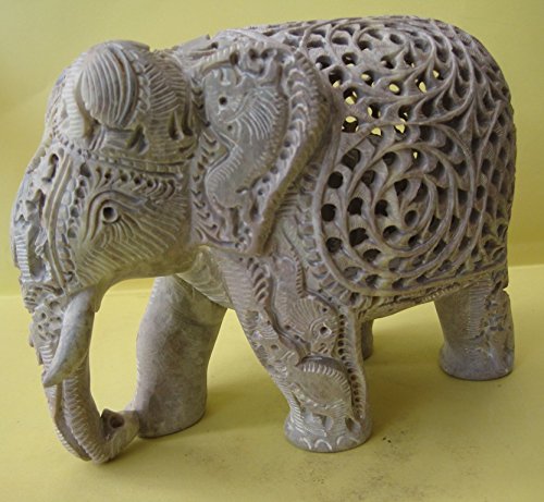 Soapstone Carved Elephant (8 X 5 Inch) Beautiful Craving Undercut Jali Work Design Elephant With Baby Inside Trunk Down Home Decor Gift Elephant Statue Figurine Collectible Sculpture For Home/ Office #TOP2