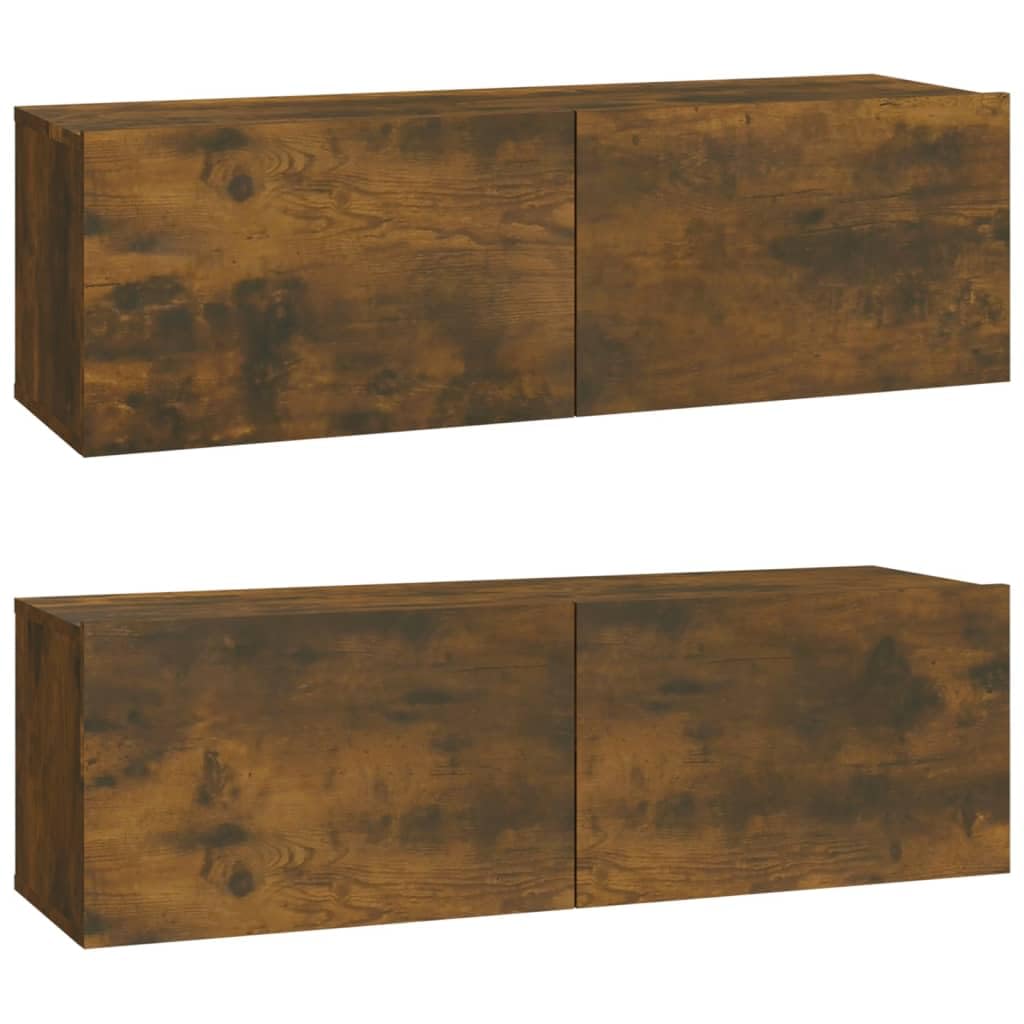 4-TLG. TV-Schrank-Set Räuchereiche Holzwerkstoff, Modernes Media-Center für Wohnzimmer und Schlafzimmer, Wandmontage, Vielseitiger Stauraum
