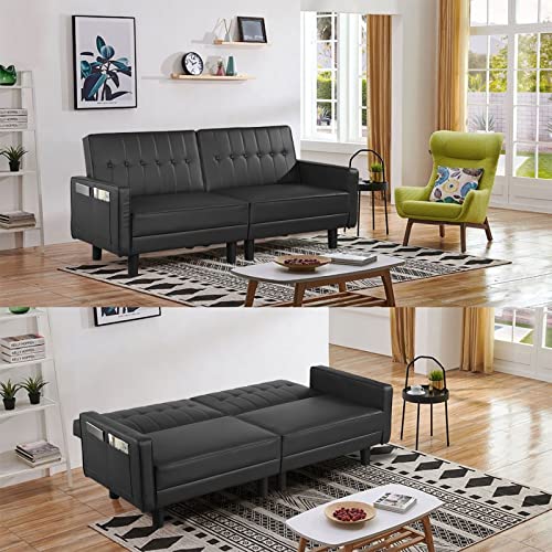 Ipkig 73.2" Futon Sofa Bed, Convertible Sleeper Sofa, Loveseat Couch, Faux Leather Split-Back Sofabed For Small Spaces Room Home Office Hotel With Adjustable Backrest And Side Pockets (Black) #TOP2