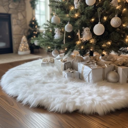 AISENO 30 White Faux Fur Christmas Tree Skirt, Luxury Plush Tree Base Cover for Holiday Party and Home Christmas Decor