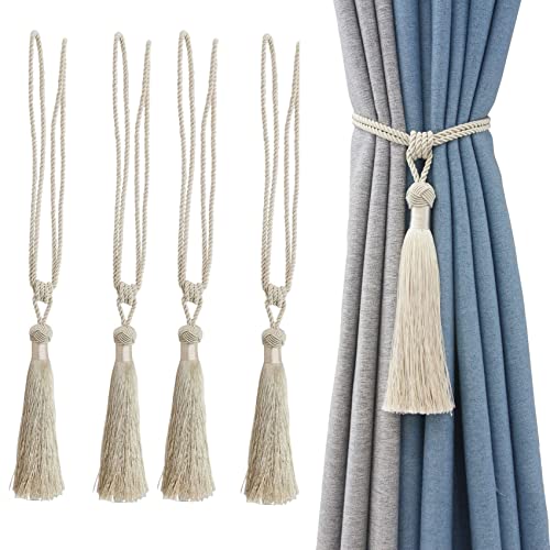 Alzapaños de cortina hechos a mano con borlas de cuerda para colgar cortinas, para oficina, hogar, juego de 4 cortinas decorativas (color beige, 4) Cover
