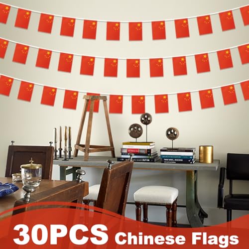 Image of China String Flag Pennant Banner, Small Mini Chinese Flags Bunting Banner, National Country Decoration for School, Party, Sports Events, Patriotic Festival, 33 Feet 30 Flags