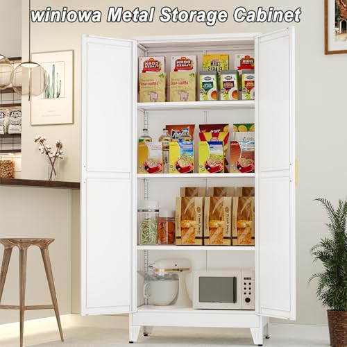 Image of Winiowa Metal Pantry Cabinet with 2 Doors and Adjustable Shelves - 61 inch Kitchen Storage Cabinet with Gold Handles - Versatile Storage for Kitchen, Bathroom, Dining Room, Utility Room - White