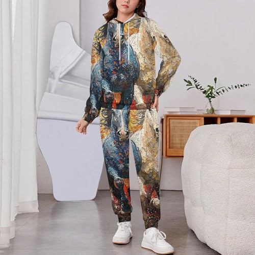 Boy Girl Clothes Outfits Kids Long Sleeve with Pants 2PCS Clothing Set, Western Horses Runing Art2