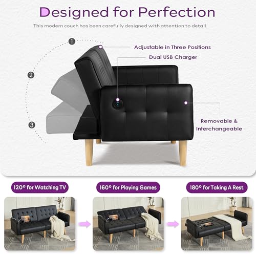 Image of TYBOATLE Faux Leather Convertible 65'' Folding Futon Sofa Bed w / 2 USB, Loveseat for Small Space, Apartment, Dorm, Living Room, Office, Black