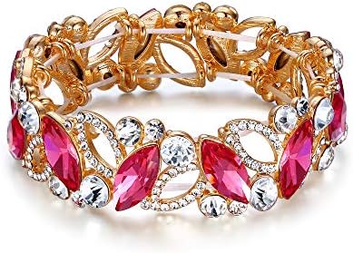Flyonce Wedding Bridal Marquised Rhinestone Crystal Elastic Stretch Bracelets for Women Girls Pink