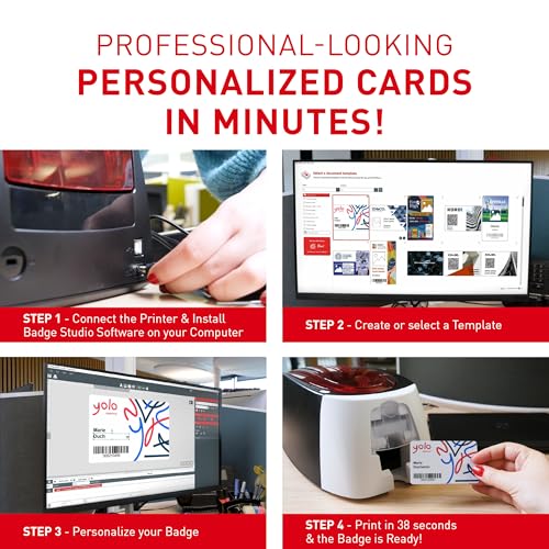 Badgy200 Plastic Card Printer with Badge Studio+ ID design software for full color, custom, tamper proof ID badges in seconds