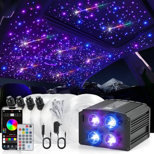 Image of 4 Colors 32W Twinkle & Meteor Starlight Headliner Kit for Car Home, 2-in-1 Light Engine 860pcs*0.03in*13.1ft+240 RGBW Fiber Optic Cable Shooting Car Star Sky Roof Lights, Ceiling Star Lights for Car