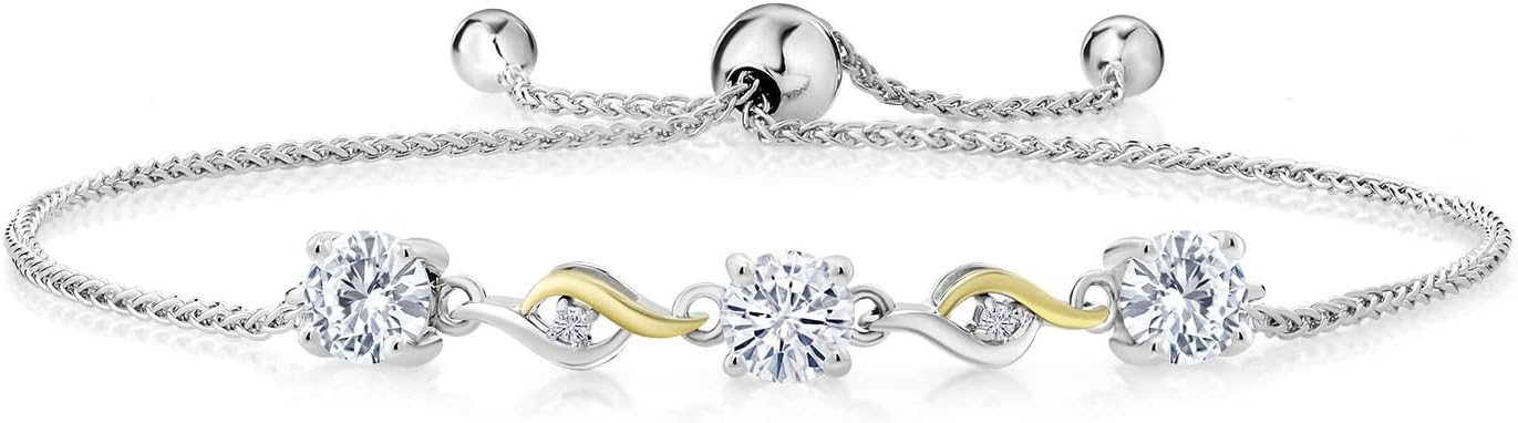 Gem Stone King 3-Stone Tennis Bracelet For Women | 925 Silver and 10K Yellow Gold | 5MM Round Gemstone Birthstone | 1.3MM Lab Grown Diamond | Adjustable Bolo Bracelet For Women | Easy-On Easy-Off