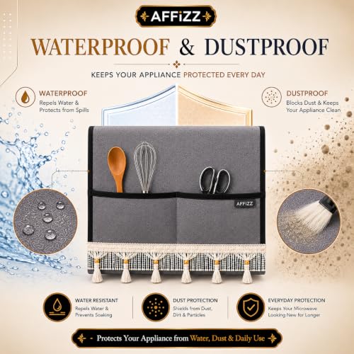 Image of Microwave Cover Top with Tassel Lace | Waterproof, Dustproof & Washable Microwave Oven Cover for Kitchen, 4 Side Storage Pockets, Durable Polyester Fabric, Dark Grey, (100 x 35 cm)