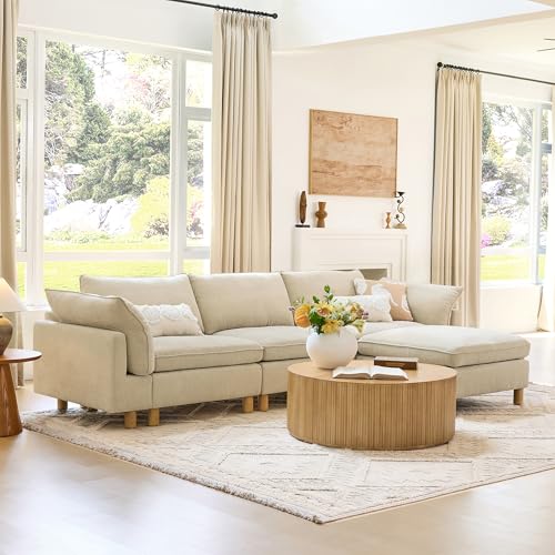 Image of CHITA 127 inch Super Large Sectional Couches for Living Room, Modular Cloud Couch Sectional Sofa, Premium Fabric Couches, Down Filled, High Density Foam, Chenille in Beige, 5 Seat U Shaped